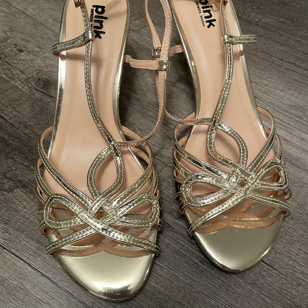 ‘Paradox London Pink’ Women's Gold Strappy Kitten Heels